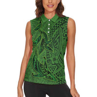 Hawaiian Whales Polynesian Art Motifs Women Sleeveless Polo Shirt Green Color - Polynesian Pride