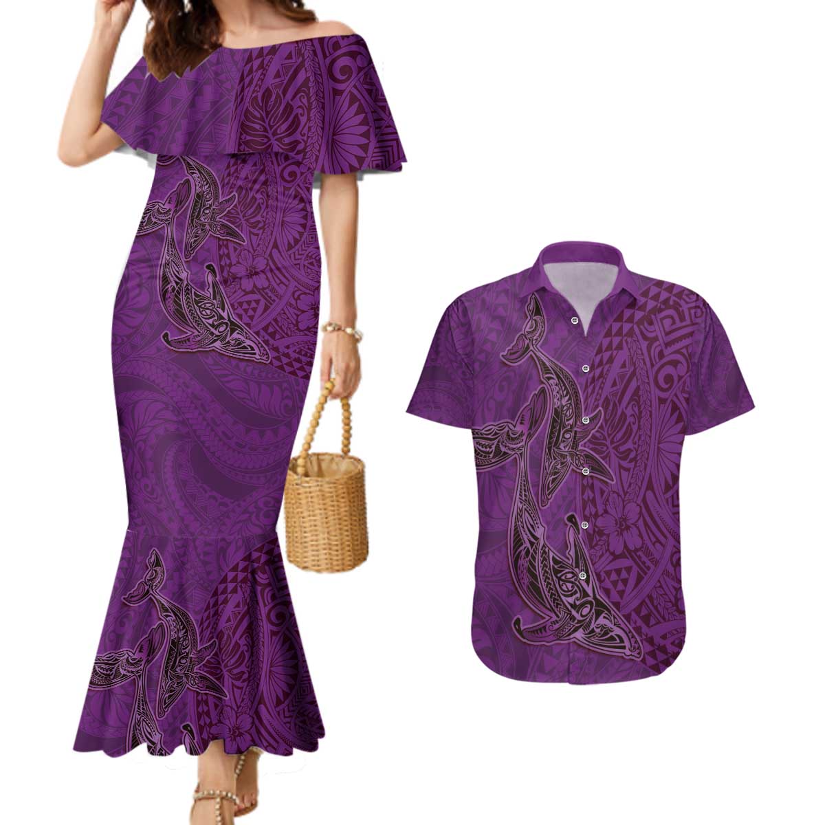 Hawaiian Whales Polynesian Art Motifs Couples Matching Mermaid Dress and Hawaiian Shirt Purple Color - Polynesian Pride