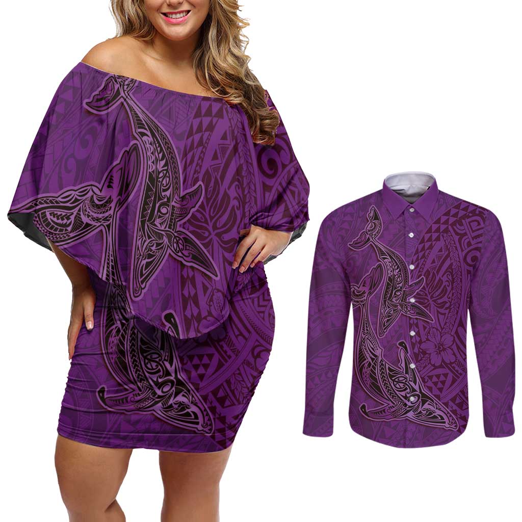 Hawaiian Whales Polynesian Art Motifs Couples Matching Off Shoulder Short Dress and Long Sleeve Button Shirt Purple Color - Polynesian Pride