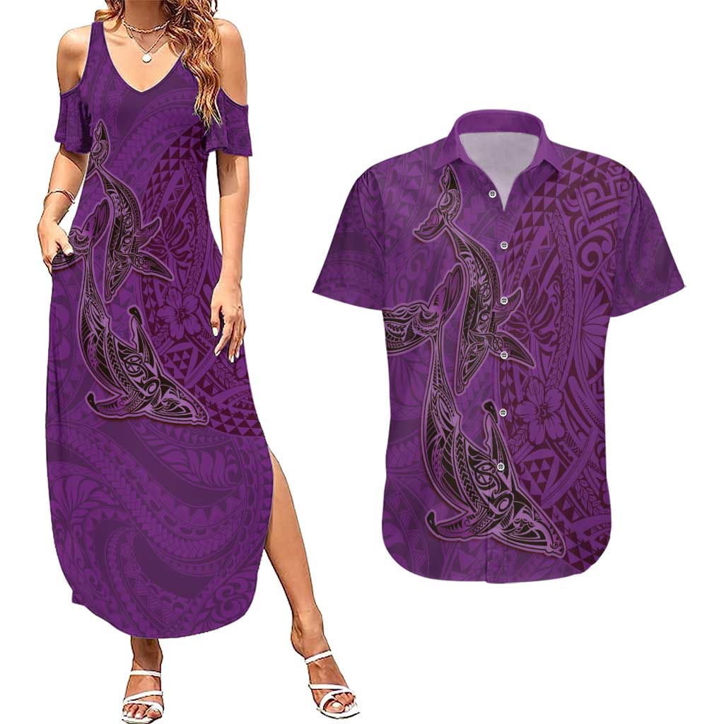 Hawaiian Whales Polynesian Art Motifs Couples Matching Summer Maxi Dress and Hawaiian Shirt Purple Color - Polynesian Pride