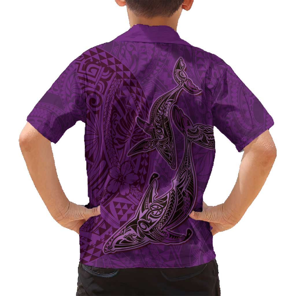 Hawaiian Whales Polynesian Art Motifs Family Matching Long Sleeve Bodycon Dress and Hawaiian Shirt Purple Color - Polynesian Pride