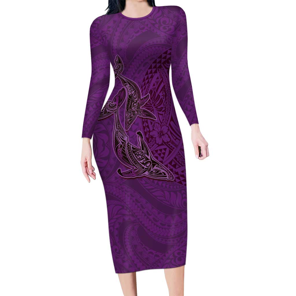 Hawaiian Whales Polynesian Art Motifs Family Matching Long Sleeve Bodycon Dress and Hawaiian Shirt Purple Color - Polynesian Pride