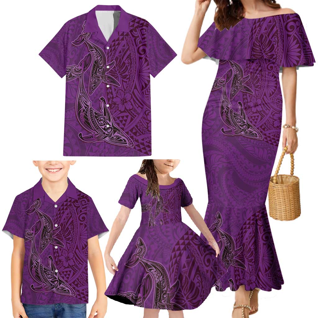 Hawaiian Whales Polynesian Art Motifs Family Matching Mermaid Dress and Hawaiian Shirt Purple Color - Polynesian Pride