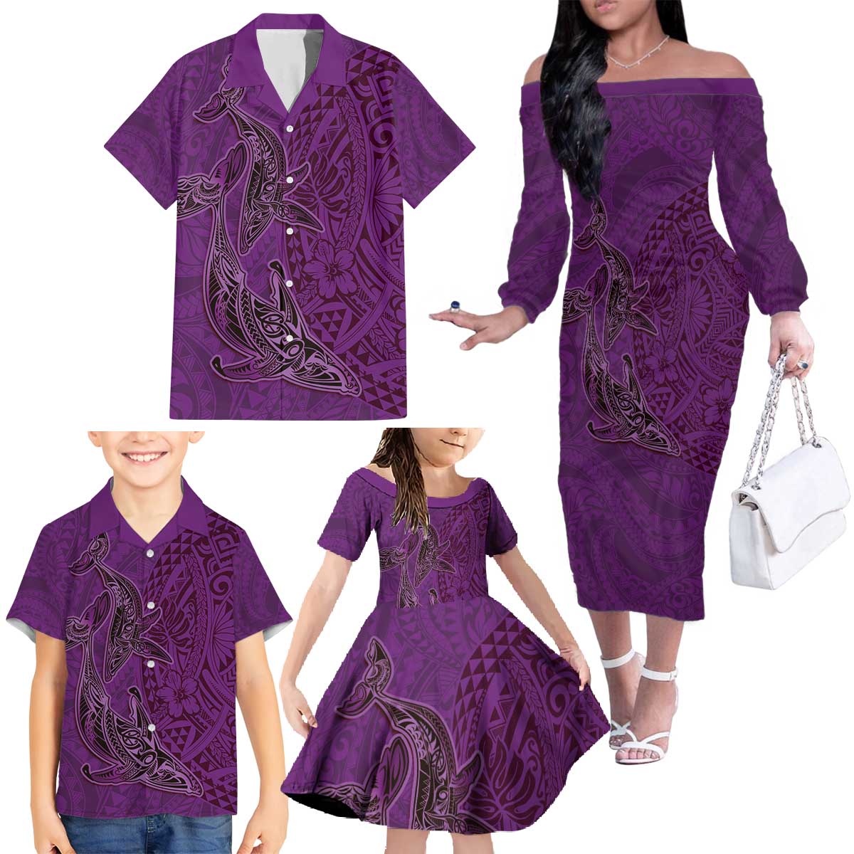 Hawaiian Whales Polynesian Art Motifs Family Matching Off The Shoulder Long Sleeve Dress and Hawaiian Shirt Purple Color - Polynesian Pride