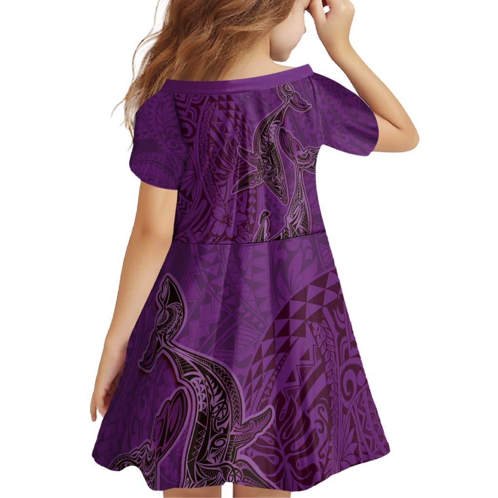 Hawaiian Whales Polynesian Art Motifs Family Matching Off Shoulder Short Dress and Hawaiian Shirt Purple Color - Polynesian Pride