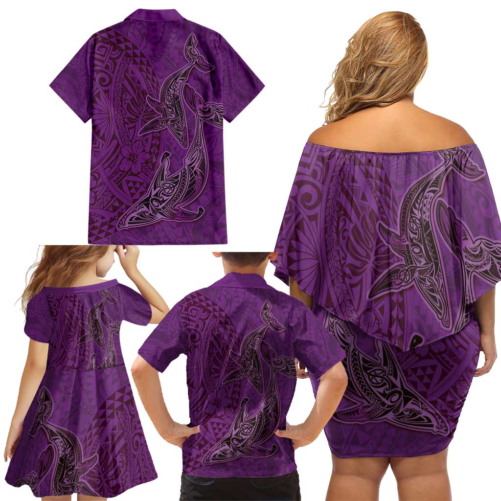 Hawaiian Whales Polynesian Art Motifs Family Matching Off Shoulder Short Dress and Hawaiian Shirt Purple Color - Polynesian Pride