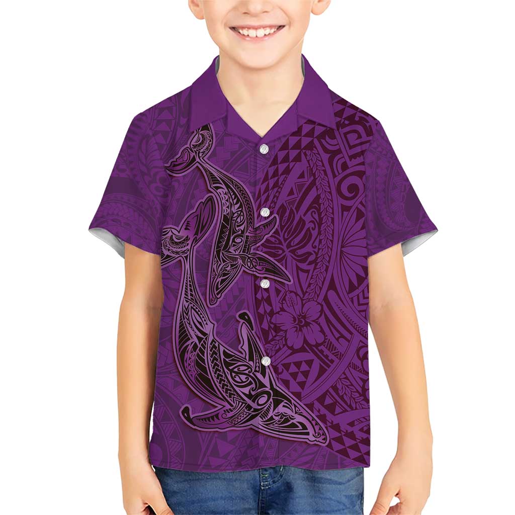 Hawaiian Whales Polynesian Art Motifs Family Matching Short Sleeve Bodycon Dress and Hawaiian Shirt Purple Color - Polynesian Pride