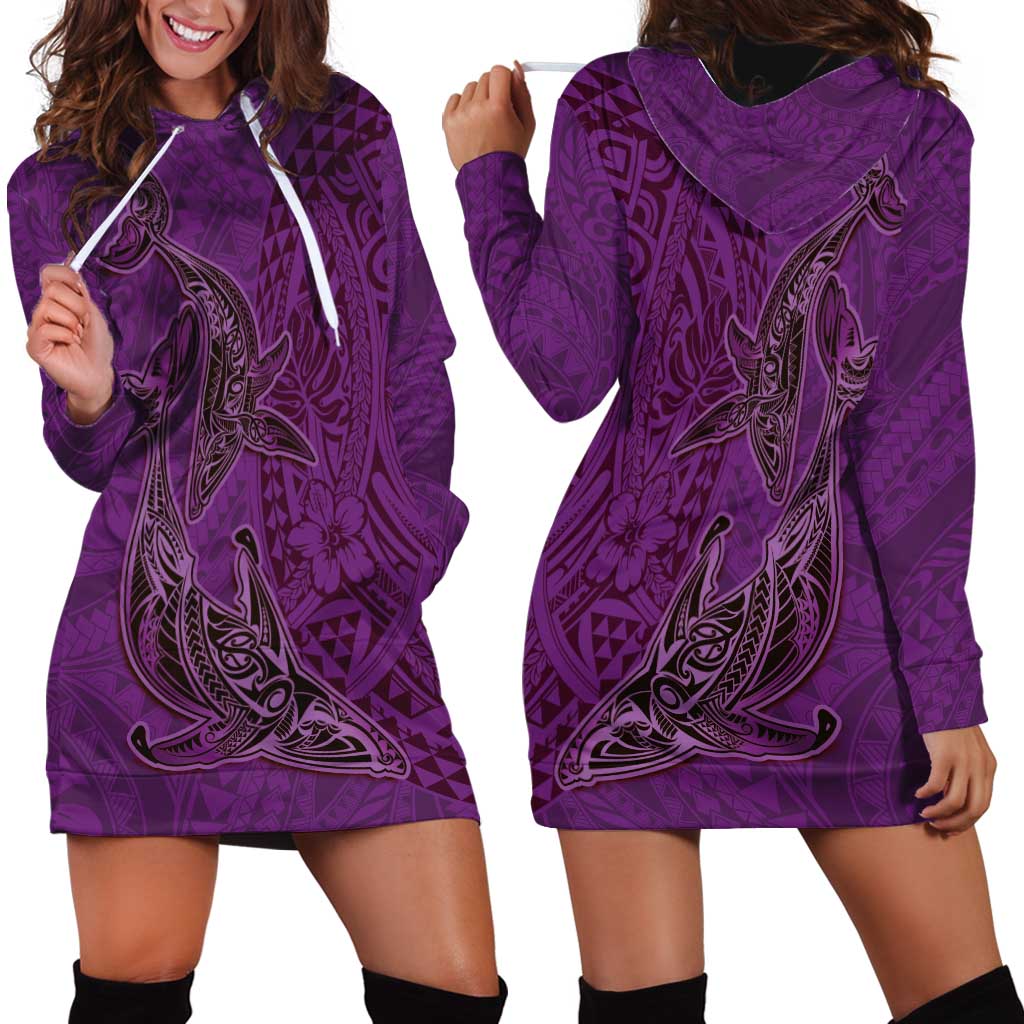 Hawaiian Whales Polynesian Art Motifs Hoodie Dress Purple Color - Polynesian Pride