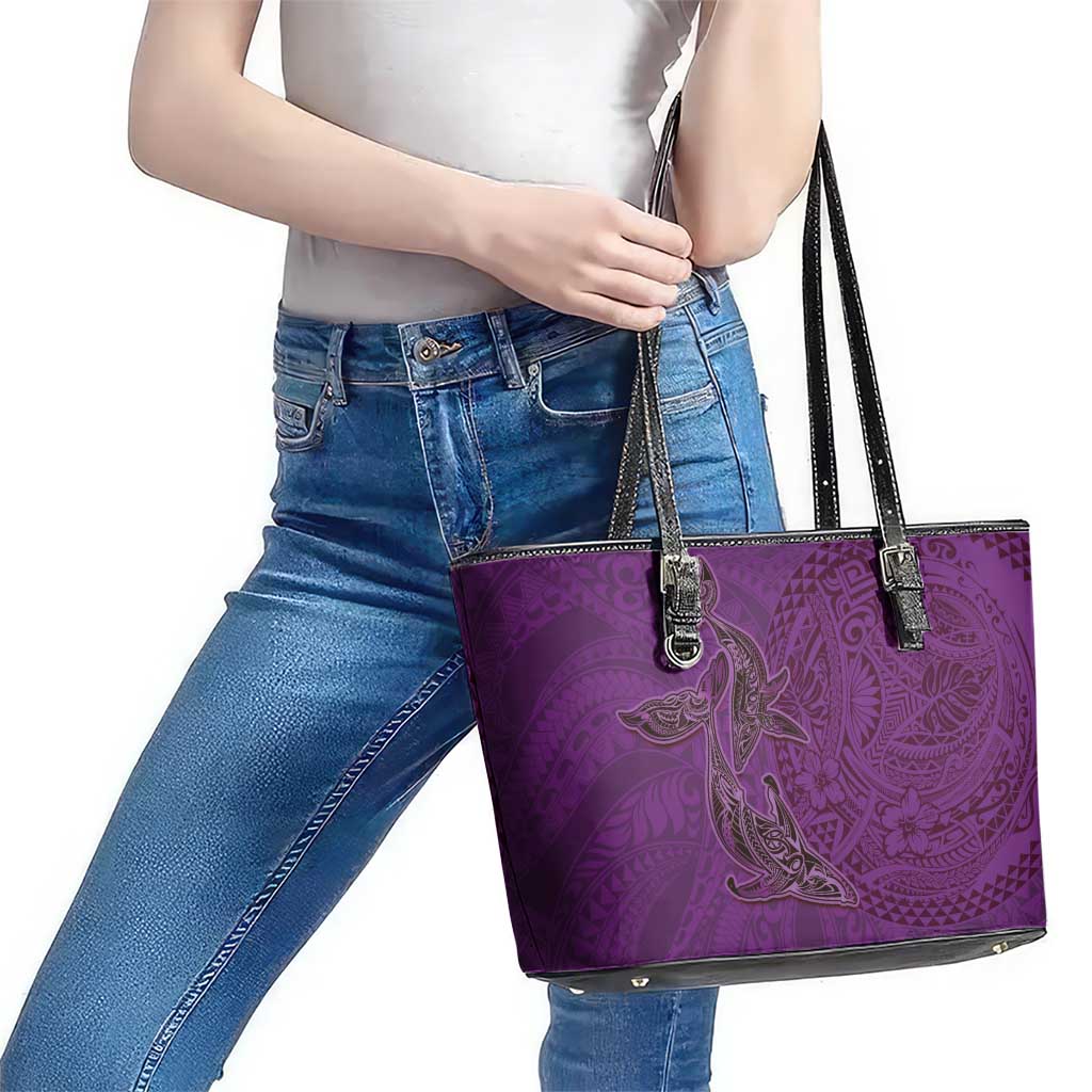 Hawaiian Whales Polynesian Art Motifs Leather Tote Bag Purple Color - Polynesian Pride