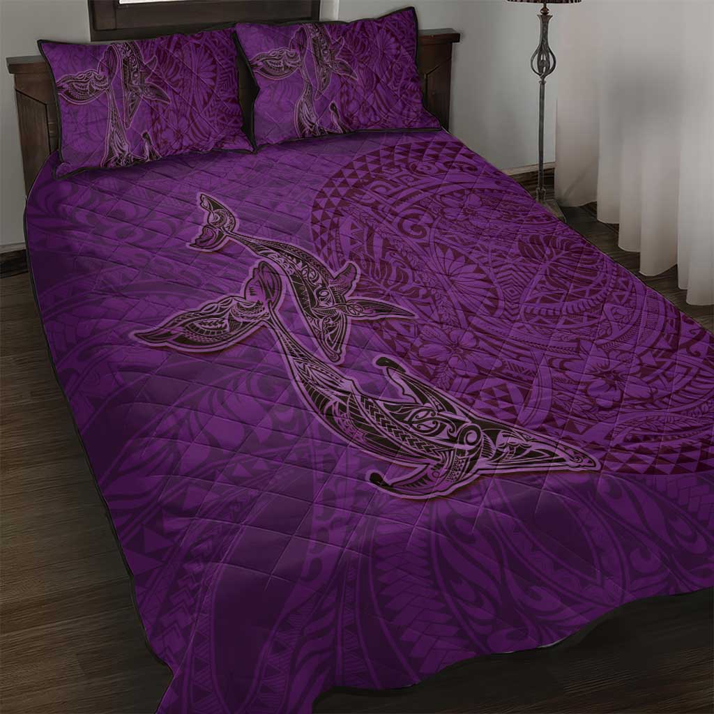 Hawaiian Whales Polynesian Art Motifs Quilt Bed Set Purple Color - Polynesian Pride