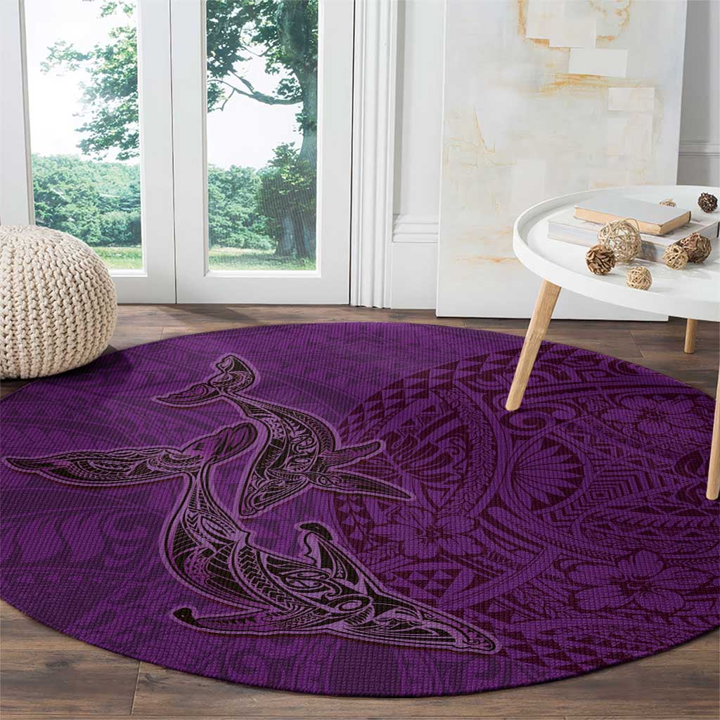 Hawaiian Whales Polynesian Art Motifs Round Carpet Purple Color - Polynesian Pride