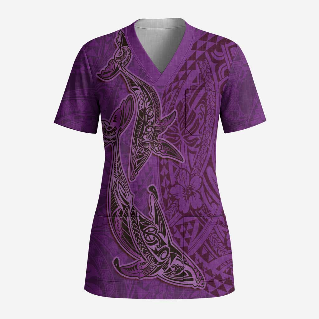 Hawaiian Whales Polynesian Art Motifs Scrub Top Purple Color LT03 Adult Purple - Polynesian Pride