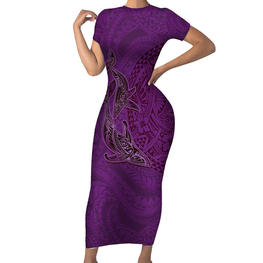 Hawaiian Whales Polynesian Art Motifs Short Sleeve Bodycon Dress Purple Color - Polynesian Pride