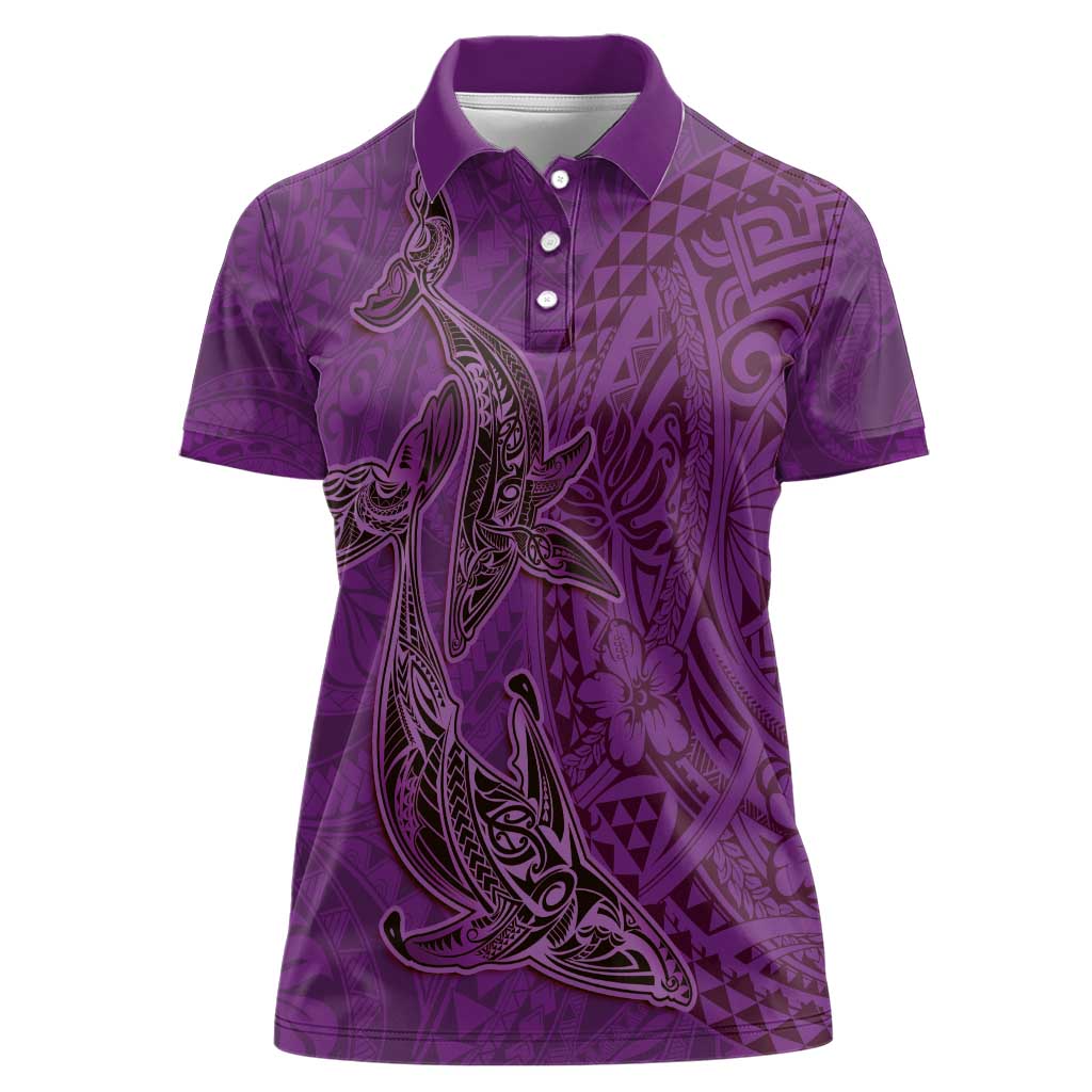 Hawaiian Whales Polynesian Art Motifs Women Polo Shirt Purple Color - Polynesian Pride