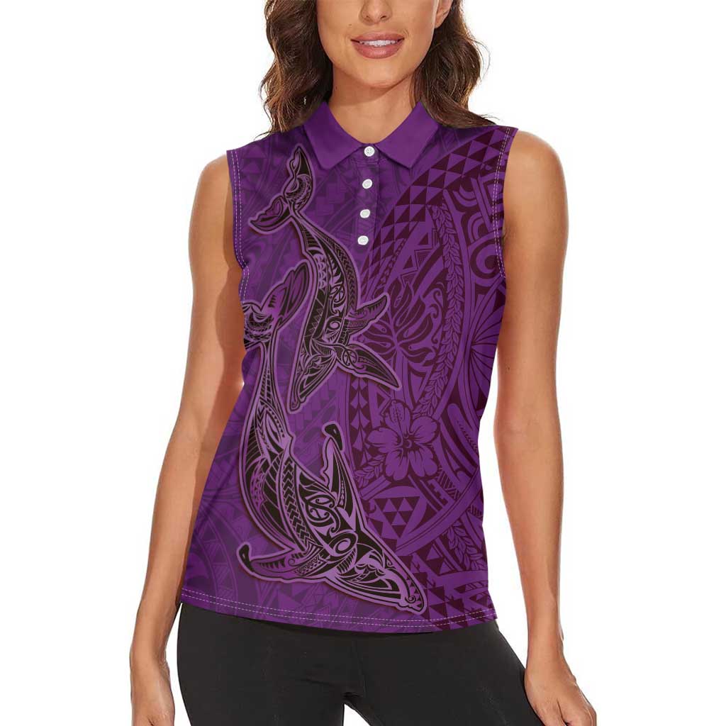 Hawaiian Whales Polynesian Art Motifs Women Sleeveless Polo Shirt Purple Color - Polynesian Pride