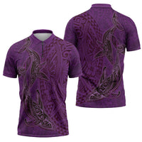 Hawaiian Whales Polynesian Art Motifs Zipper Polo Shirt Purple Color - Polynesian Pride