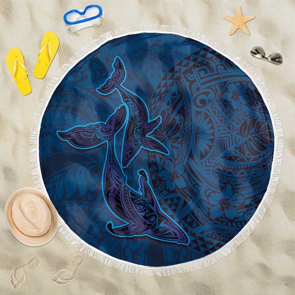 Hawaiian Whales Polynesian Art Motifs Beach Blanket Blue Color - Polynesian Pride