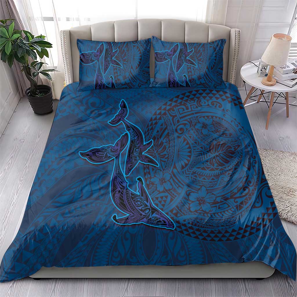 Hawaiian Whales Polynesian Art Motifs Bedding Set Blue Color - Polynesian Pride