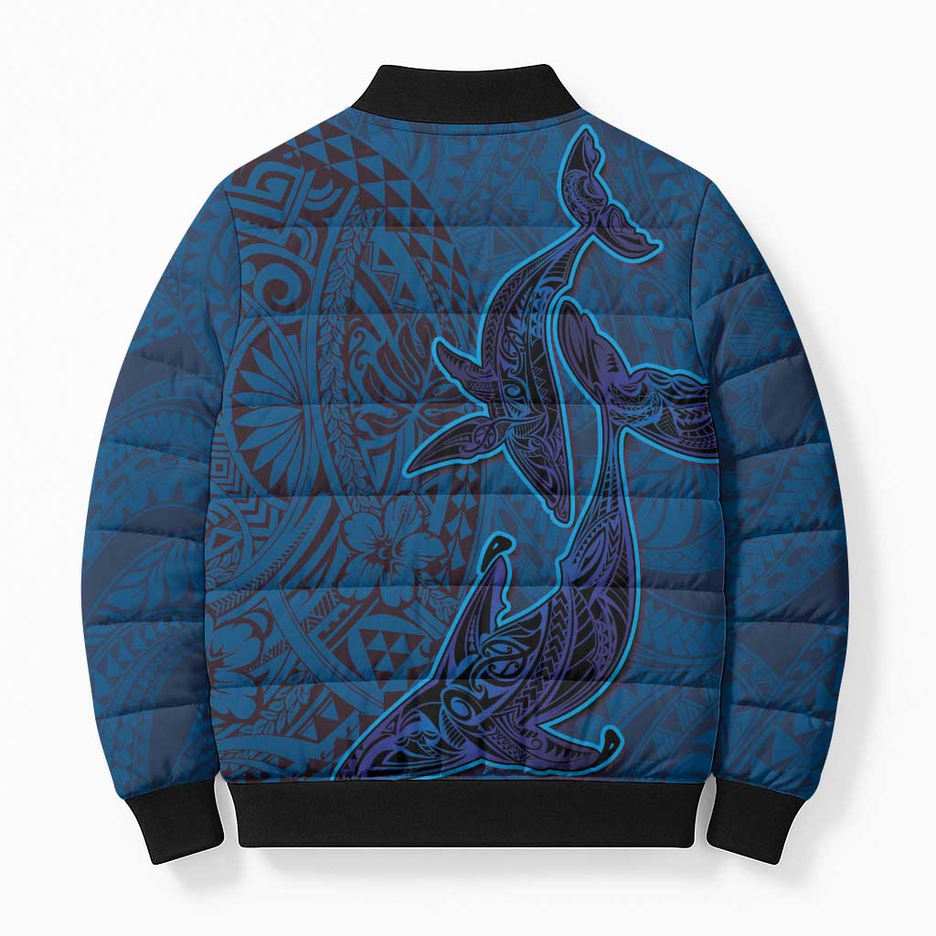 Hawaiian Whales Polynesian Art Motifs Bomber Puffer Jacket Blue Color - Polynesian Pride