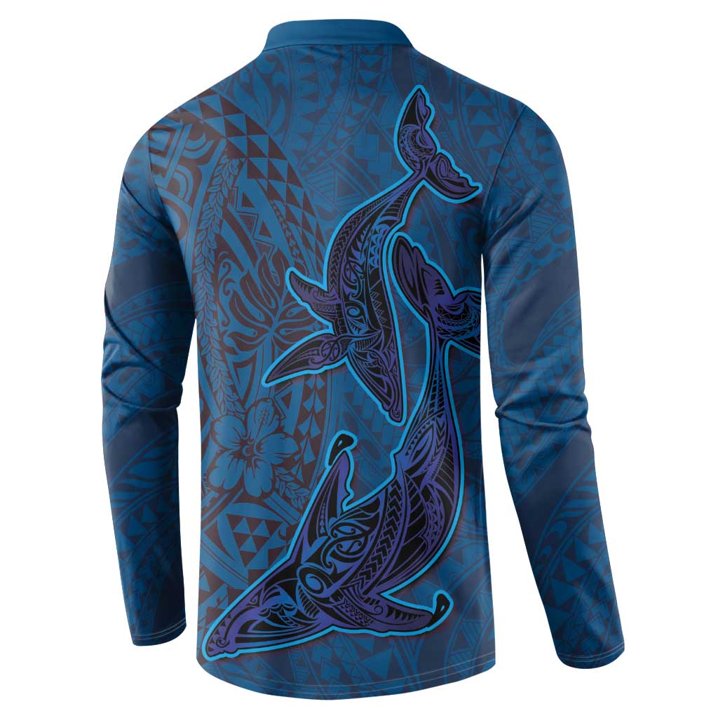 Hawaiian Whales Polynesian Art Motifs Button Sweatshirt Blue Color - Polynesian Pride