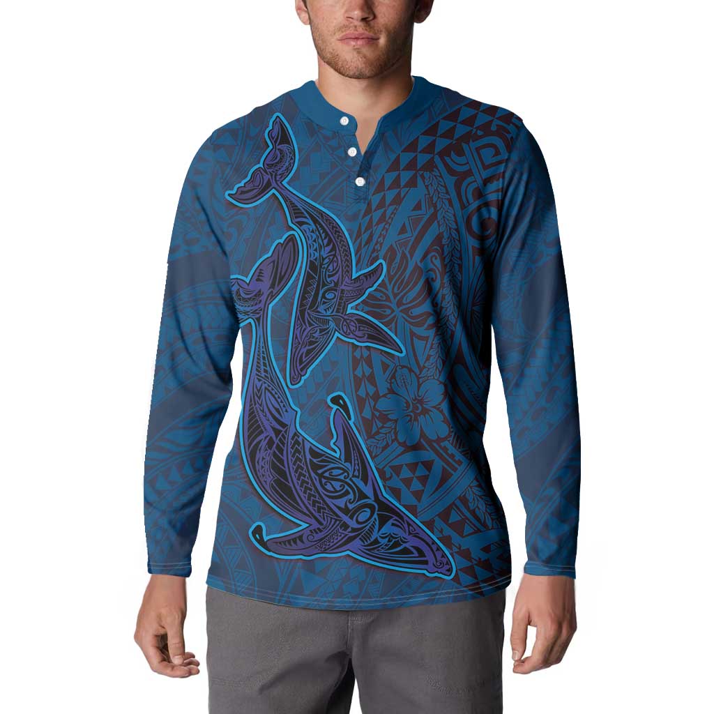 Hawaiian Whales Polynesian Art Motifs Button Sweatshirt Blue Color - Polynesian Pride