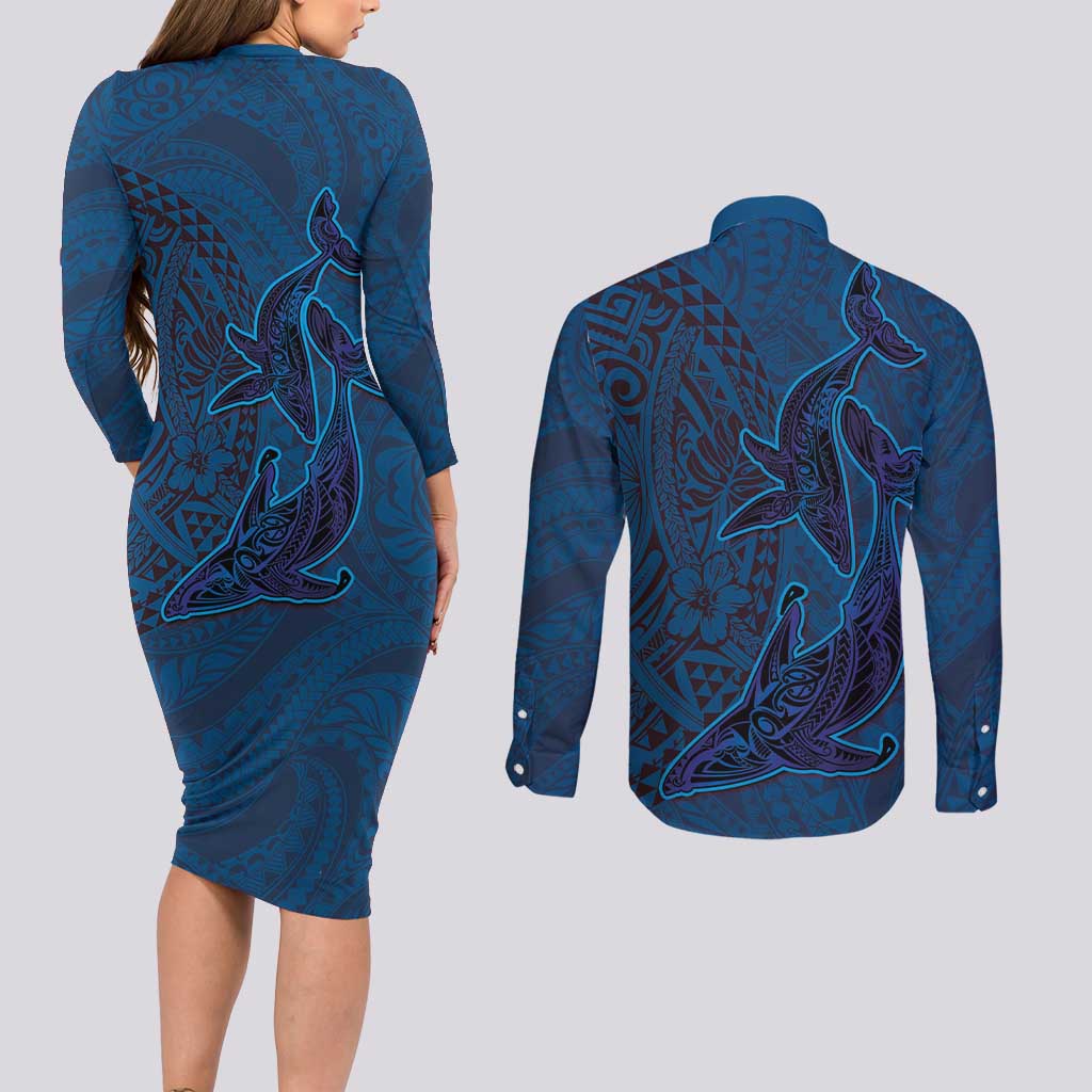 Hawaiian Whales Polynesian Art Motifs Couples Matching Long Sleeve Bodycon Dress and Long Sleeve Button Shirt Blue Color - Polynesian Pride