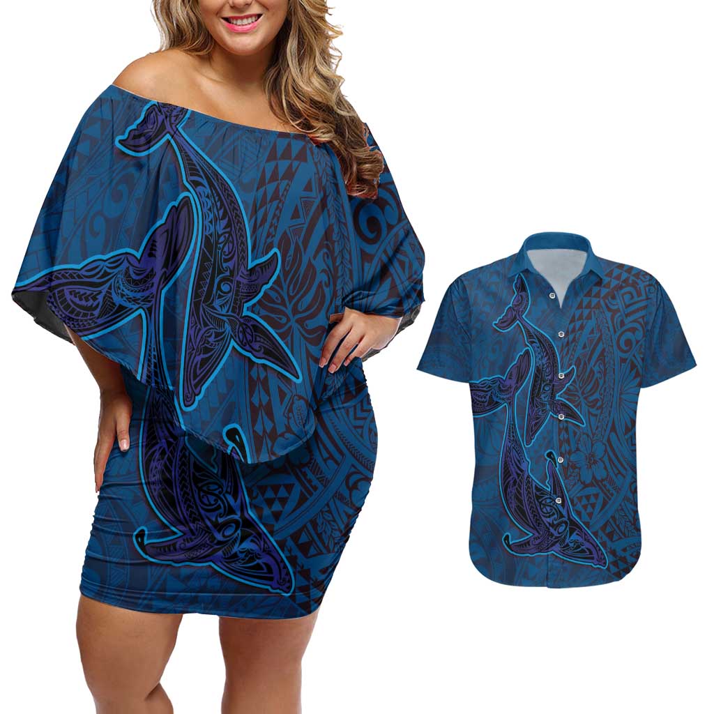 Hawaiian Whales Polynesian Art Motifs Couples Matching Off Shoulder Short Dress and Hawaiian Shirt Blue Color - Polynesian Pride