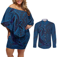 Hawaiian Whales Polynesian Art Motifs Couples Matching Off Shoulder Short Dress and Long Sleeve Button Shirt Blue Color - Polynesian Pride