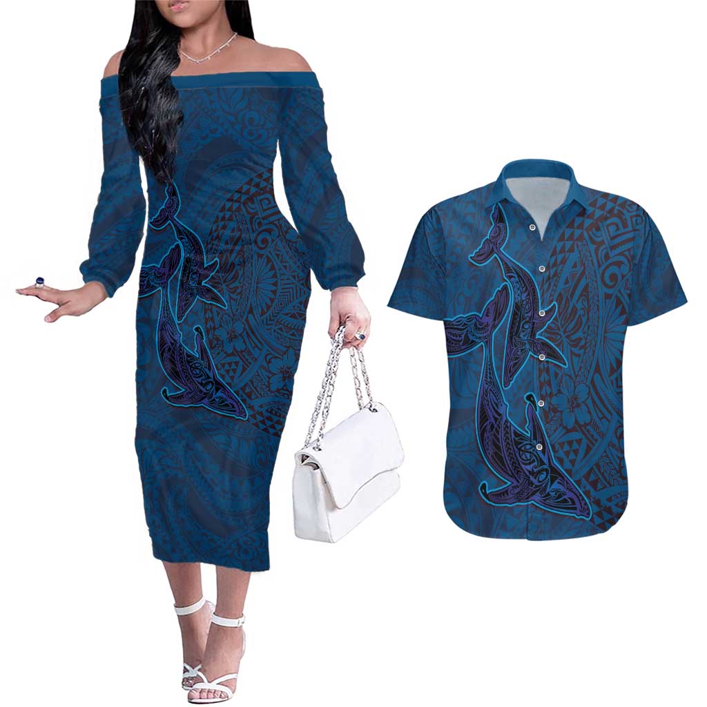 Hawaiian Whales Polynesian Art Motifs Couples Matching Off The Shoulder Long Sleeve Dress and Hawaiian Shirt Blue Color - Polynesian Pride