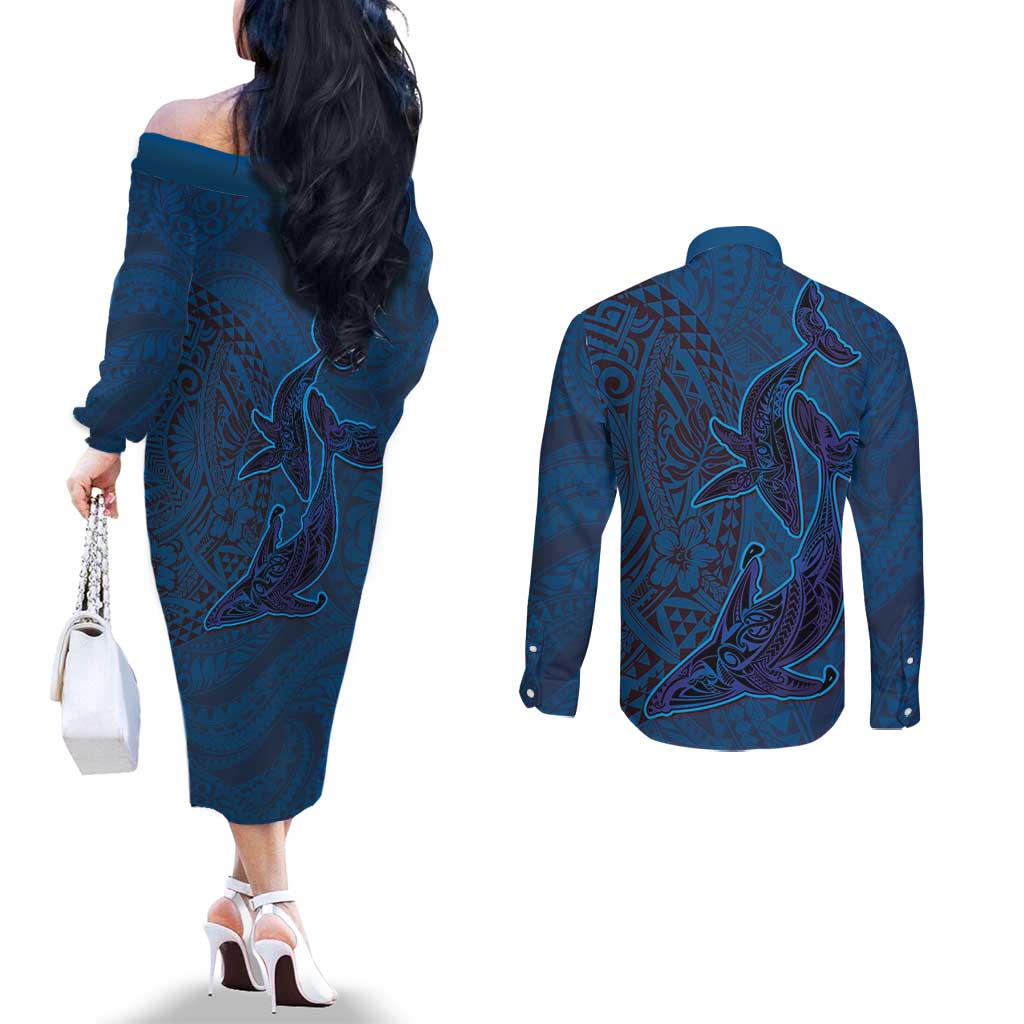 Hawaiian Whales Polynesian Art Motifs Couples Matching Off The Shoulder Long Sleeve Dress and Long Sleeve Button Shirt Blue Color - Polynesian Pride