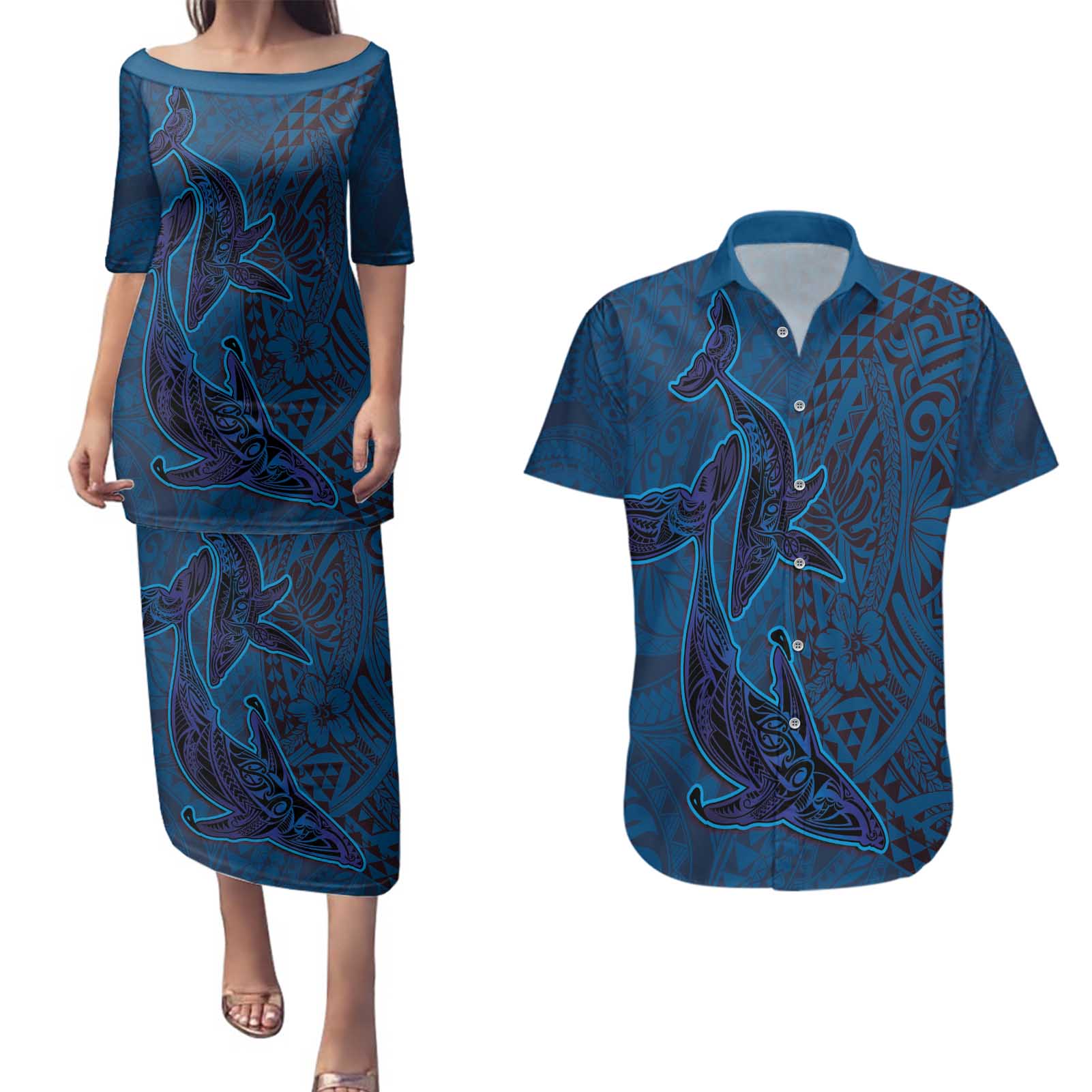 Hawaiian Whales Polynesian Art Motifs Couples Matching Puletasi and Hawaiian Shirt Blue Color - Polynesian Pride