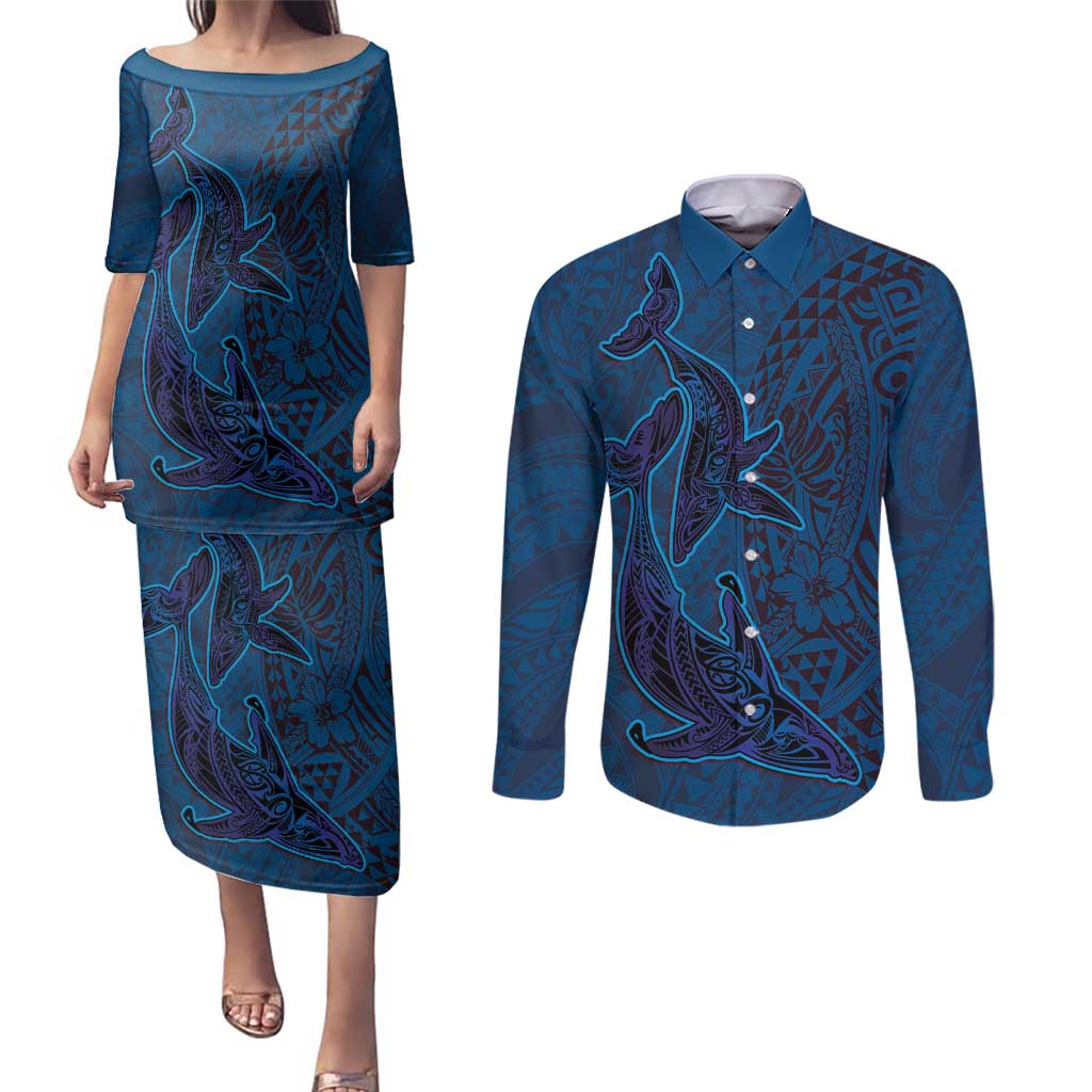 Hawaiian Whales Polynesian Art Motifs Couples Matching Puletasi and Long Sleeve Button Shirt Blue Color - Polynesian Pride