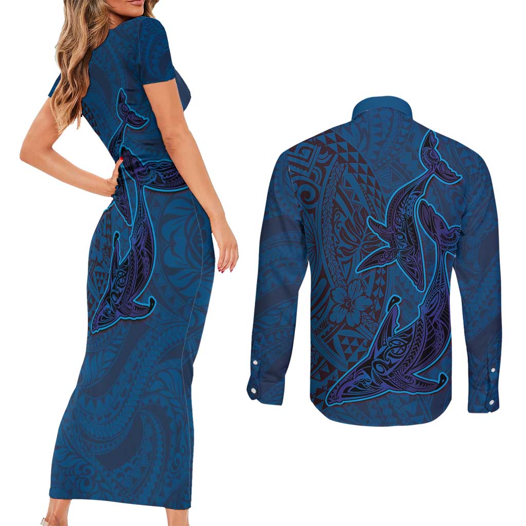 Hawaiian Whales Polynesian Art Motifs Couples Matching Short Sleeve Bodycon Dress and Long Sleeve Button Shirt Blue Color - Polynesian Pride