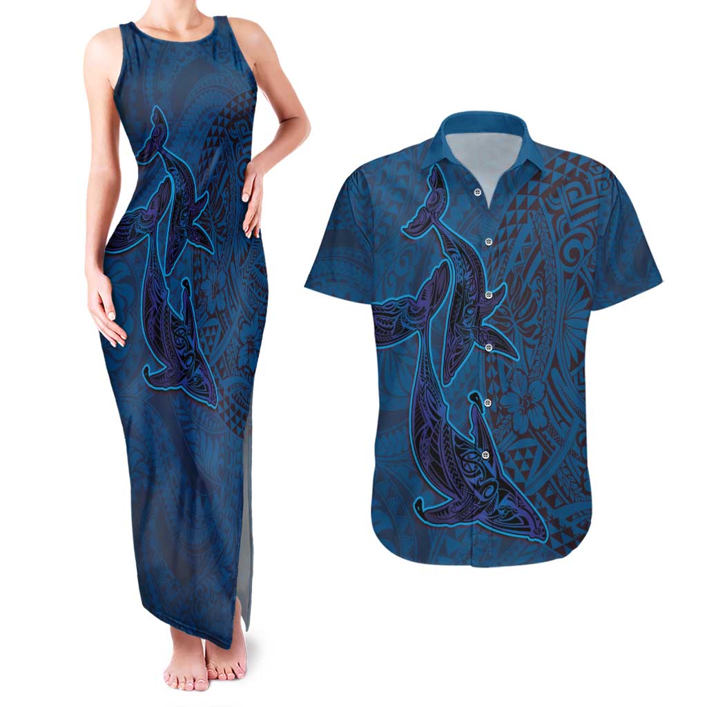 Hawaiian Whales Polynesian Art Motifs Couples Matching Tank Maxi Dress and Hawaiian Shirt Blue Color - Polynesian Pride