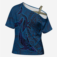 Hawaiian Whales Polynesian Art Motifs Cross Shoulder Shirt Blue Color - Polynesian Pride