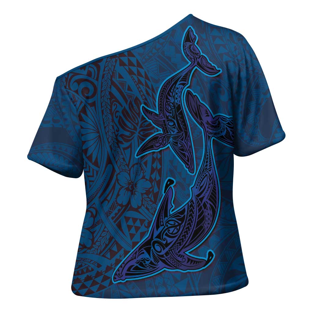 Hawaiian Whales Polynesian Art Motifs Cross Shoulder Shirt Blue Color - Polynesian Pride