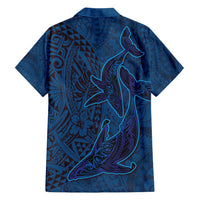 Hawaiian Whales Polynesian Art Motifs Family Matching Long Sleeve Bodycon Dress and Hawaiian Shirt Blue Color - Polynesian Pride