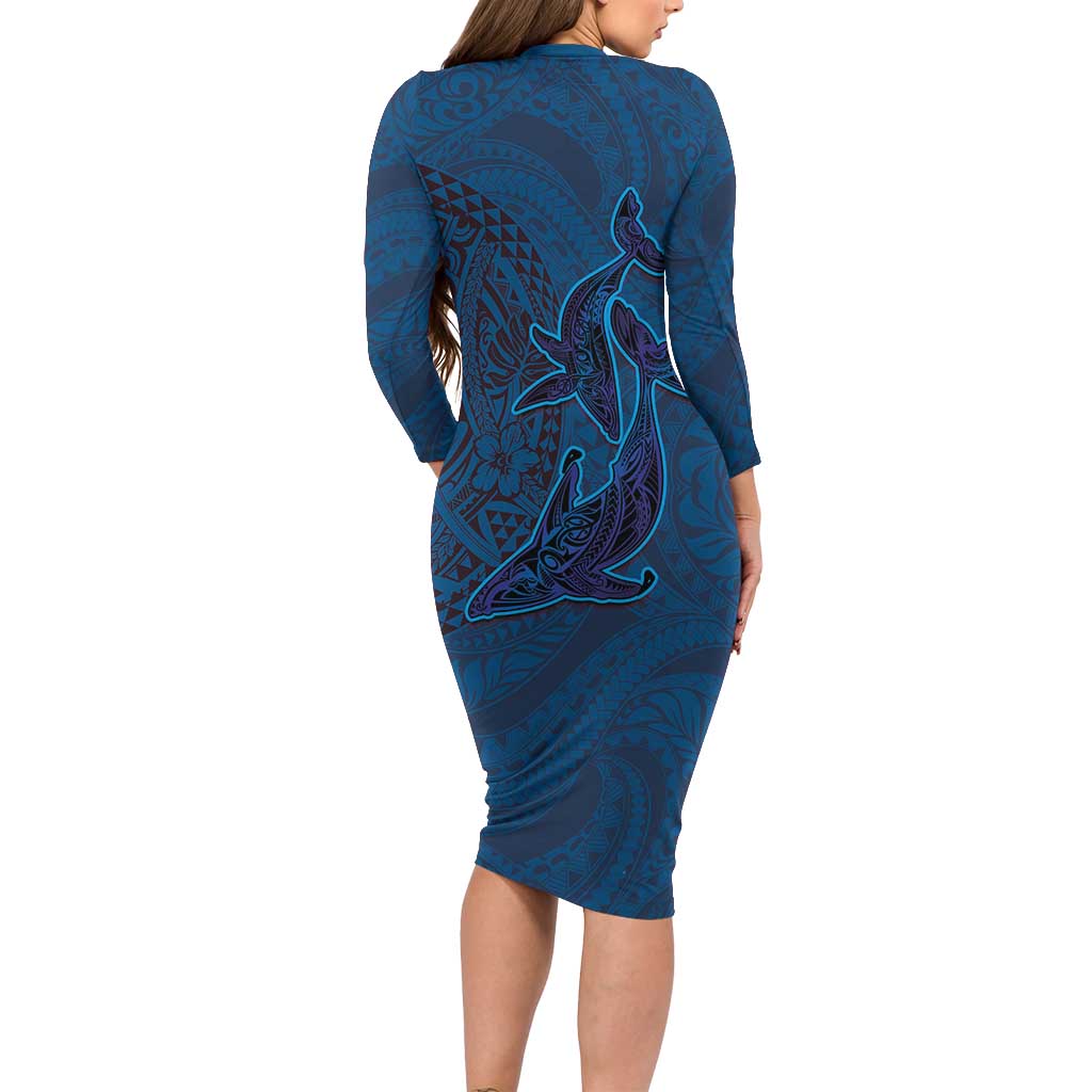 Hawaiian Whales Polynesian Art Motifs Family Matching Long Sleeve Bodycon Dress and Hawaiian Shirt Blue Color - Polynesian Pride
