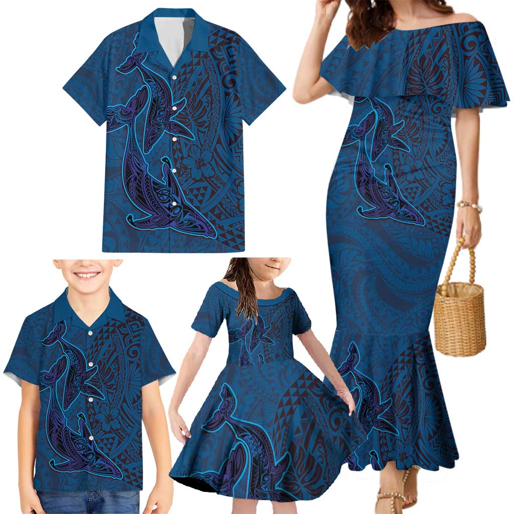 Hawaiian Whales Polynesian Art Motifs Family Matching Mermaid Dress and Hawaiian Shirt Blue Color - Polynesian Pride