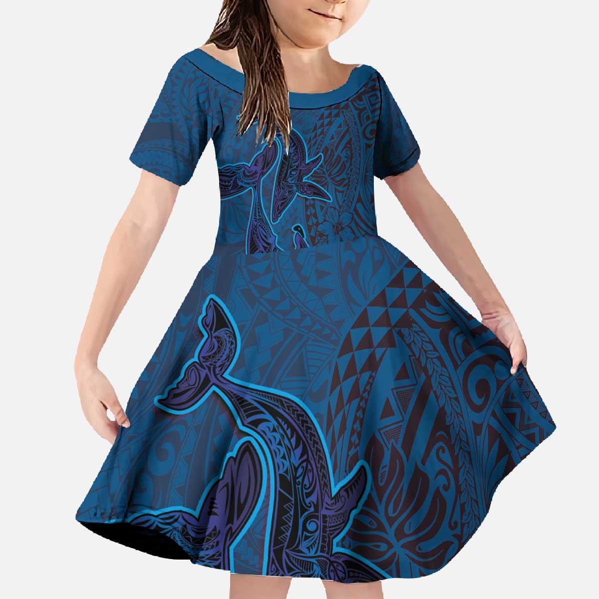 Hawaiian Whales Polynesian Art Motifs Family Matching Off The Shoulder Long Sleeve Dress and Hawaiian Shirt Blue Color - Polynesian Pride