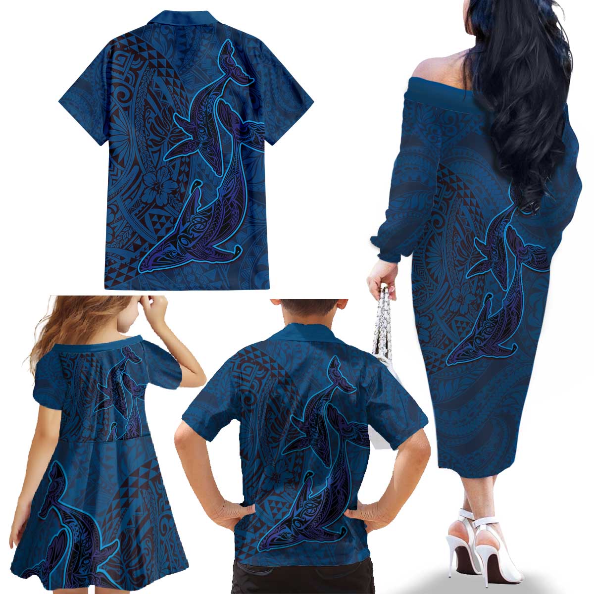 Hawaiian Whales Polynesian Art Motifs Family Matching Off The Shoulder Long Sleeve Dress and Hawaiian Shirt Blue Color - Polynesian Pride