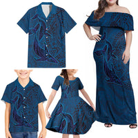 Hawaiian Whales Polynesian Art Motifs Family Matching Off Shoulder Maxi Dress and Hawaiian Shirt Blue Color - Polynesian Pride