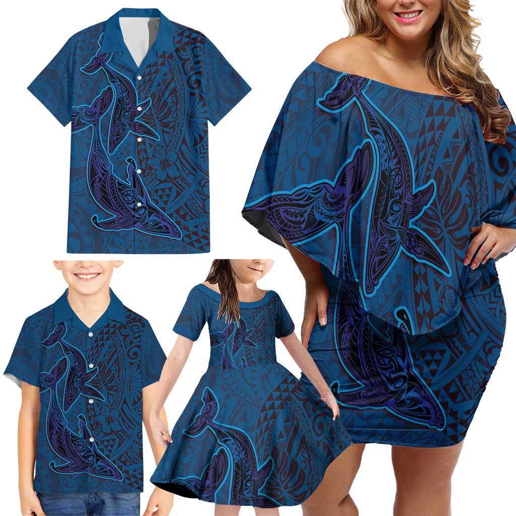 Hawaiian Whales Polynesian Art Motifs Family Matching Off Shoulder Short Dress and Hawaiian Shirt Blue Color - Polynesian Pride