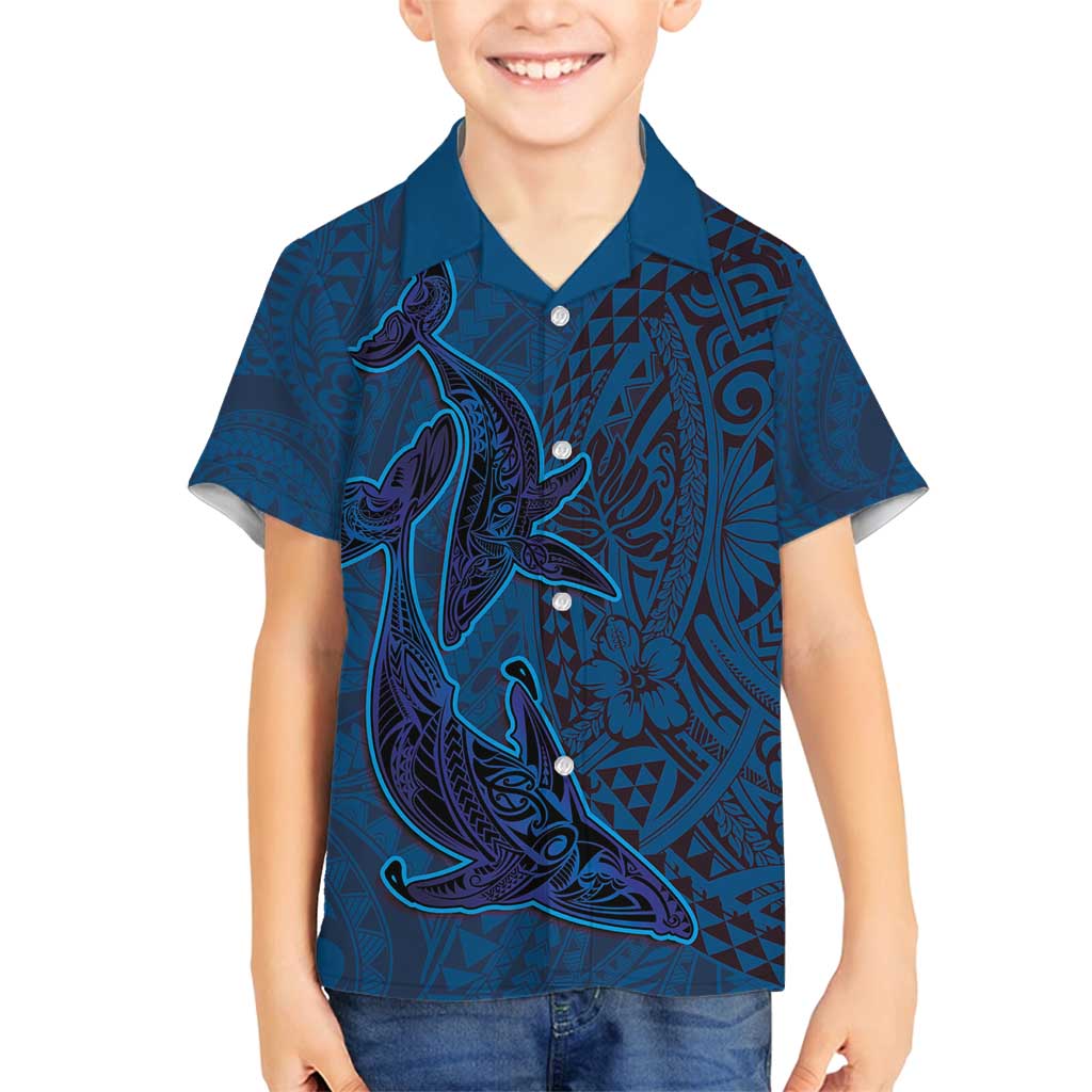 Hawaiian Whales Polynesian Art Motifs Family Matching Off Shoulder Short Dress and Hawaiian Shirt Blue Color - Polynesian Pride