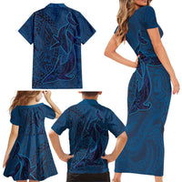 Hawaiian Whales Polynesian Art Motifs Family Matching Short Sleeve Bodycon Dress and Hawaiian Shirt Blue Color - Polynesian Pride