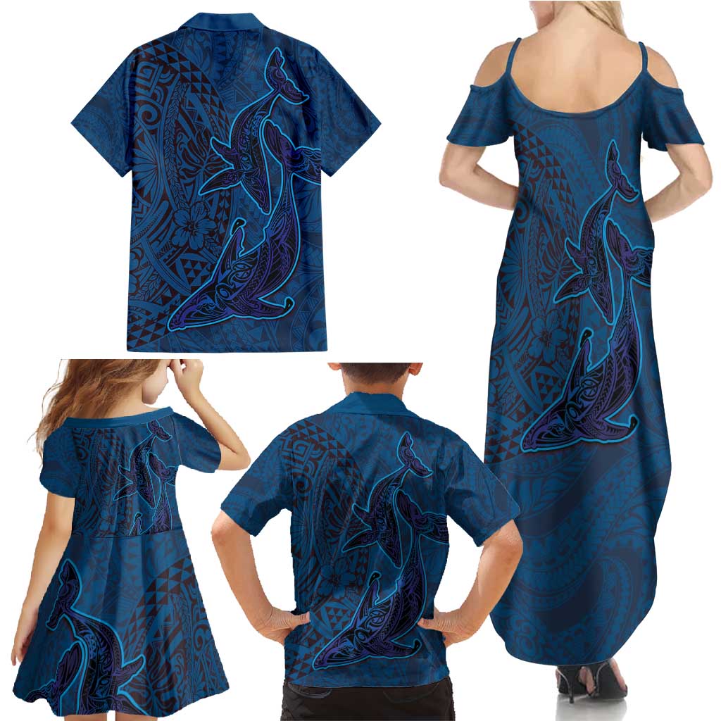 Hawaiian Whales Polynesian Art Motifs Family Matching Summer Maxi Dress and Hawaiian Shirt Blue Color - Polynesian Pride