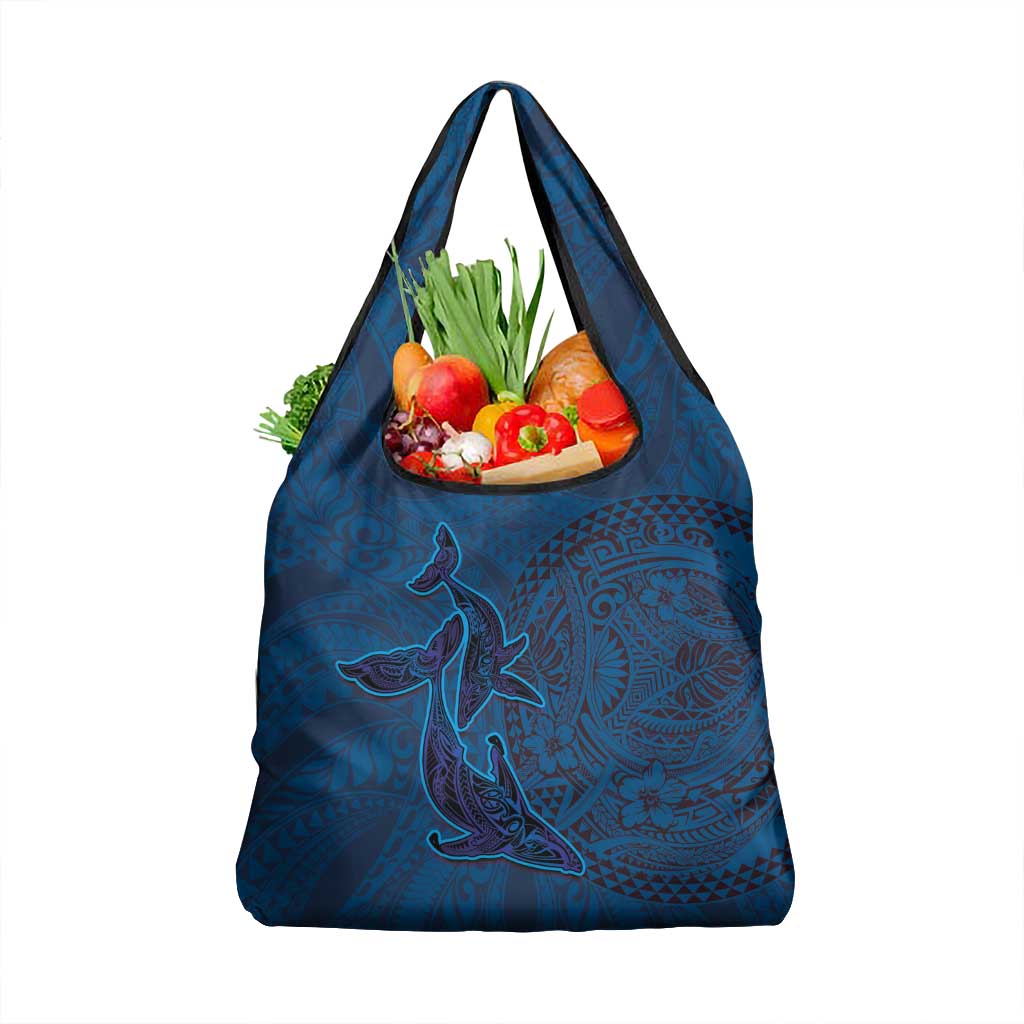 Hawaiian Whales Polynesian Art Motifs Grocery Bag Blue Color - Polynesian Pride