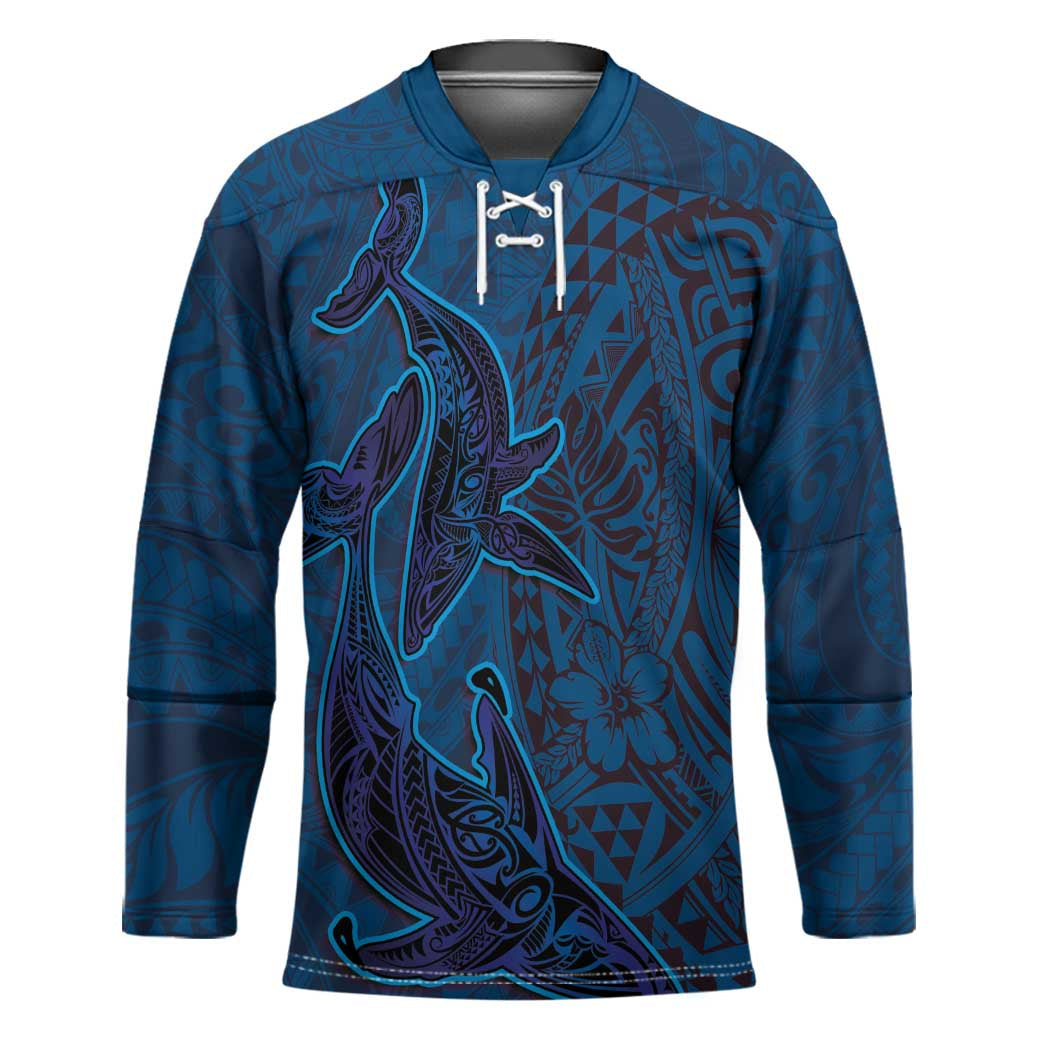 Hawaiian Whales Polynesian Art Motifs Hockey Jersey Blue Color - Polynesian Pride