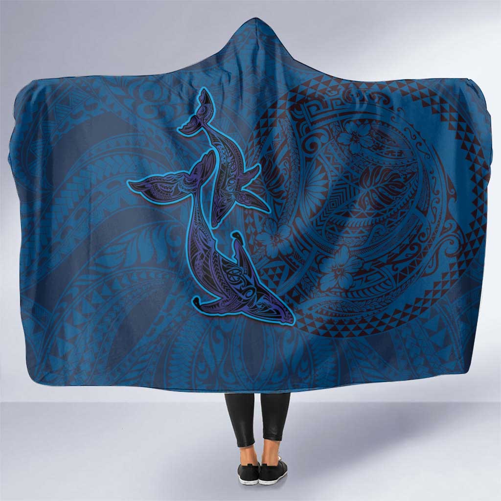 Hawaiian Whales Polynesian Art Motifs Hooded Blanket Blue Color - Polynesian Pride