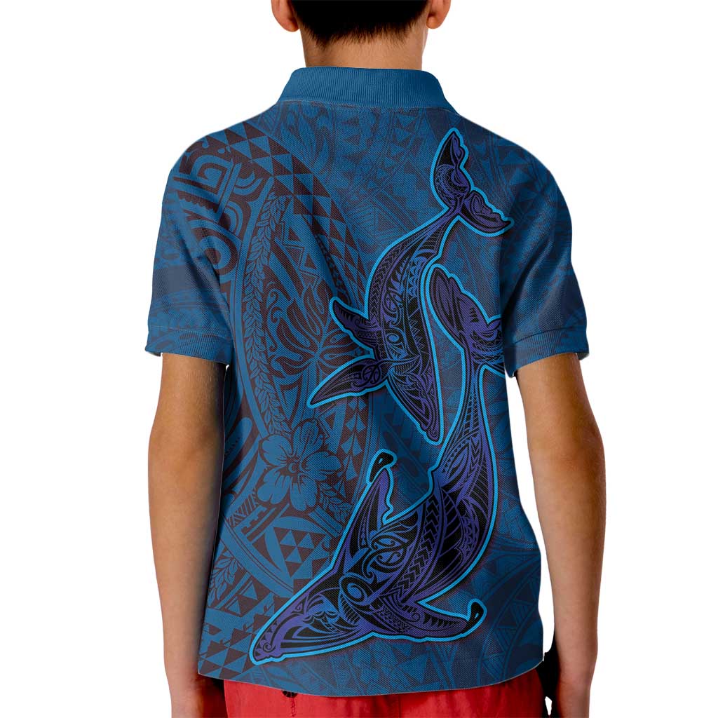 Hawaiian Whales Polynesian Art Motifs Kid Polo Shirt Blue Color - Polynesian Pride